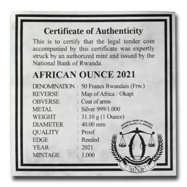 2021 1oz Rwanda Okapi Proof .999 Silver Coin