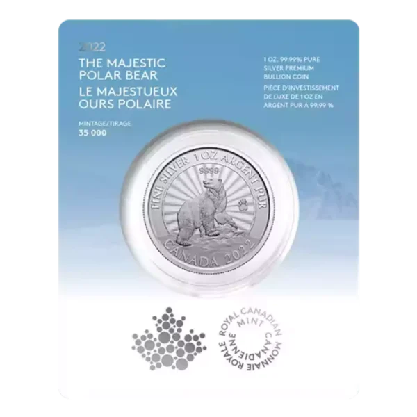 2022 1oz Royal Canadian Mint .9999 Silver Majestic Polar Bear Coin in Assay Card