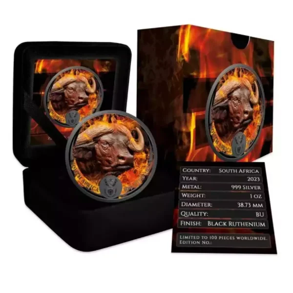 2023 1 oz South African Big Five Burning Buffalo Colorized .999 Silver Coin