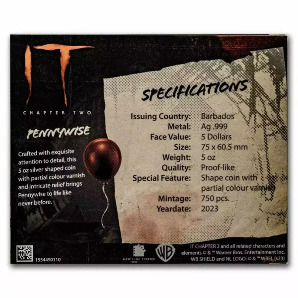 2023 5oz Barbados Pennywise from IT .999 Silver Coin