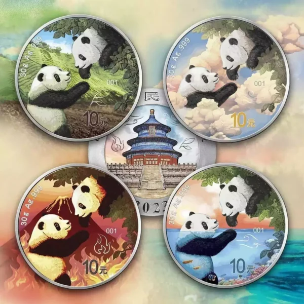 2023 China Panda Four Elements: Water, Air, Fire, Earth 4x30g .999 Silver Collection