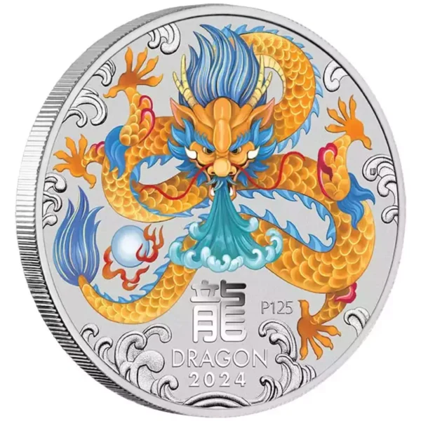 2024 1oz Australia Lunar Dragon BU Colorized .9999 Silver Coin