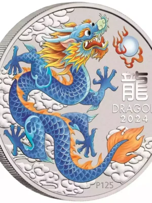 2024 1/2oz Australia Perth Mint Lunar Series III Blue Dragon .9999 Silver Colorized BU Coin