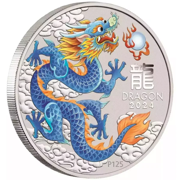 2024 1/2oz Australia Perth Mint Lunar Series III Blue Dragon .9999 Silver Colorized BU Coin