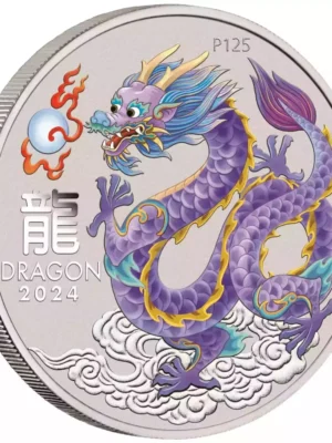 2024 1/2oz Australia Perth Mint Lunar Series III Lilac Dragon .9999 Silver Colorized BU Coin