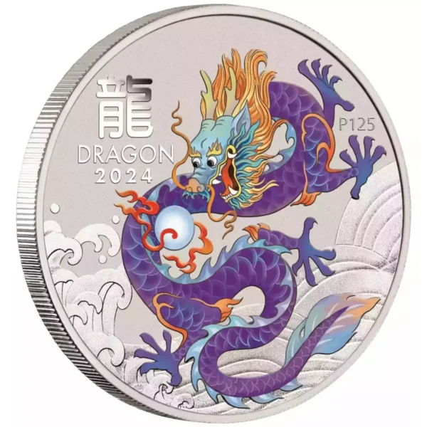 2024 1/2oz Australia Perth Mint Lunar Series III Purple Dragon .9999 Silver Colorized BU Coin