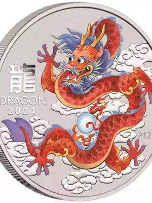 2024 1/2oz Australia Perth Mint Lunar Series III Red Dragon .9999 Silver Colorized BU Coin
