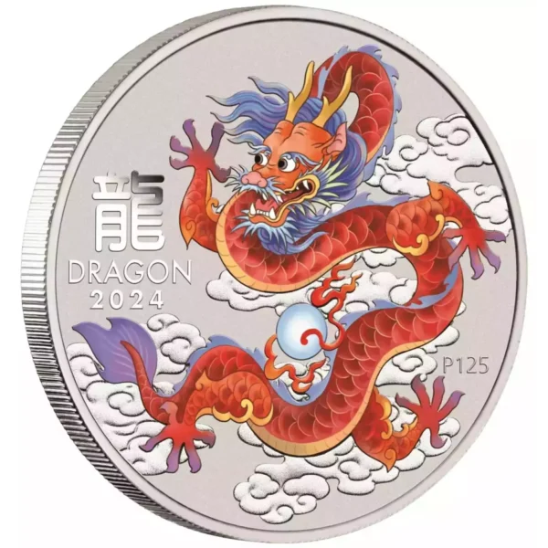 2024 1/2oz Australia Perth Mint Lunar Series III Red Dragon .9999 Silver Colorized BU Coin