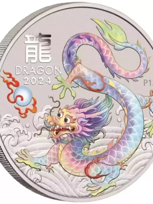 2024 1/2oz Australia Perth Mint Lunar Series III WHITE DRAGON - Year of the Dragon .9999 Silver Coloured BU Coin