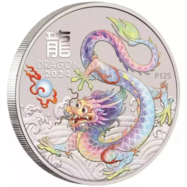 2024 1/2oz Australia Perth Mint Lunar Series III WHITE DRAGON - Year of the Dragon .9999 Silver Coloured BU Coin