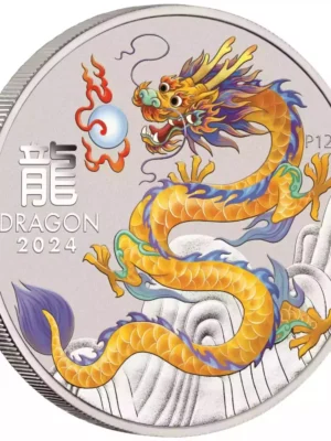 2024 1/2oz Australia Perth Mint Lunar Series III Yellow Dragon .9999 Silver Colorized BU Coin