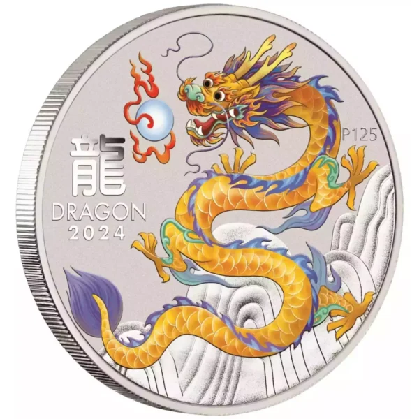 2024 1/2oz Australia Perth Mint Lunar Series III Yellow Dragon .9999 Silver Colorized BU Coin