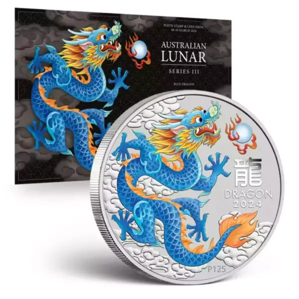 2024 1oz Australia Perth Stamp & Coin Show - Blue Dragon .9999 silver Coin in Limited Assay Card