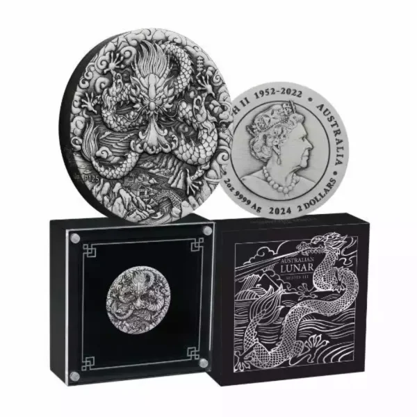 2024 2oz Australian Lunar Series III  Year of the Dragon .9999 Silver Antiqued Coin