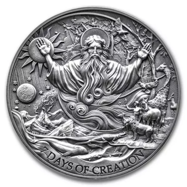 2024 2oz Cameroon Bible Stories The Seven Days of Creation .999 Silver Antique Coin