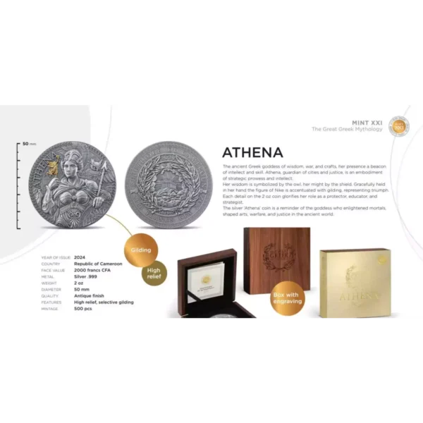 2024 2oz Cameroon Greek Mythology Athena .999 Silver Coin