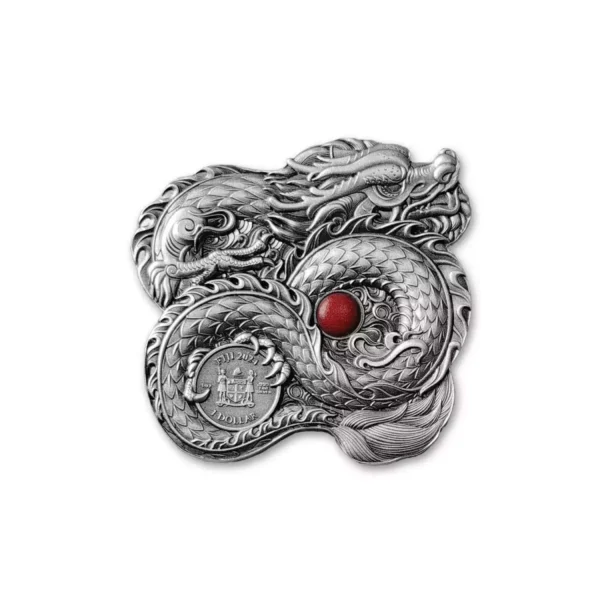 2024 1oz Fiji China Whiskered Dragon .999 Silver Ultra High Relief Antiqued