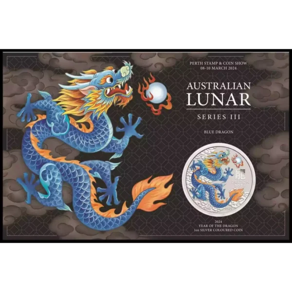2024 1oz Australia Perth Stamp & Coin Show - Blue Dragon .9999 silver Coin in Limited Assay Card